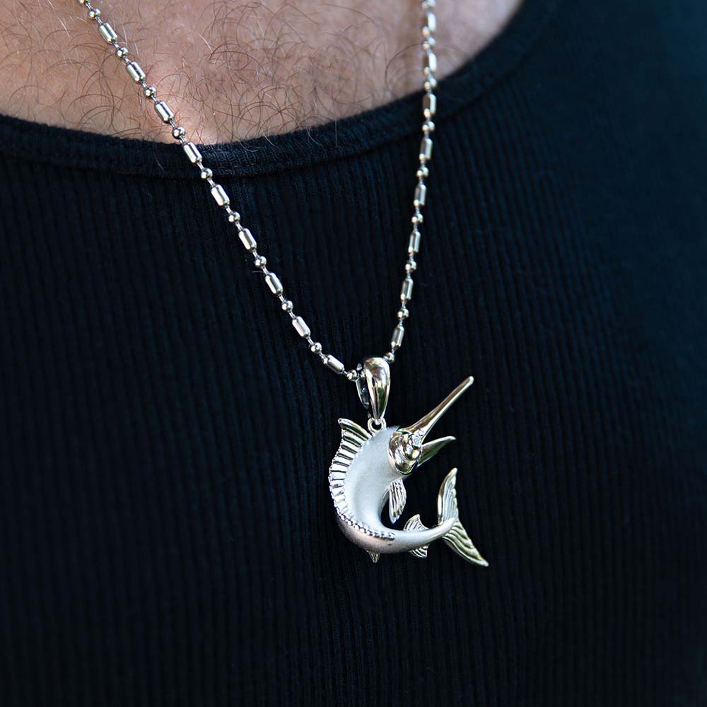 sterling silver marlin fish pendant with white topaz gemstones