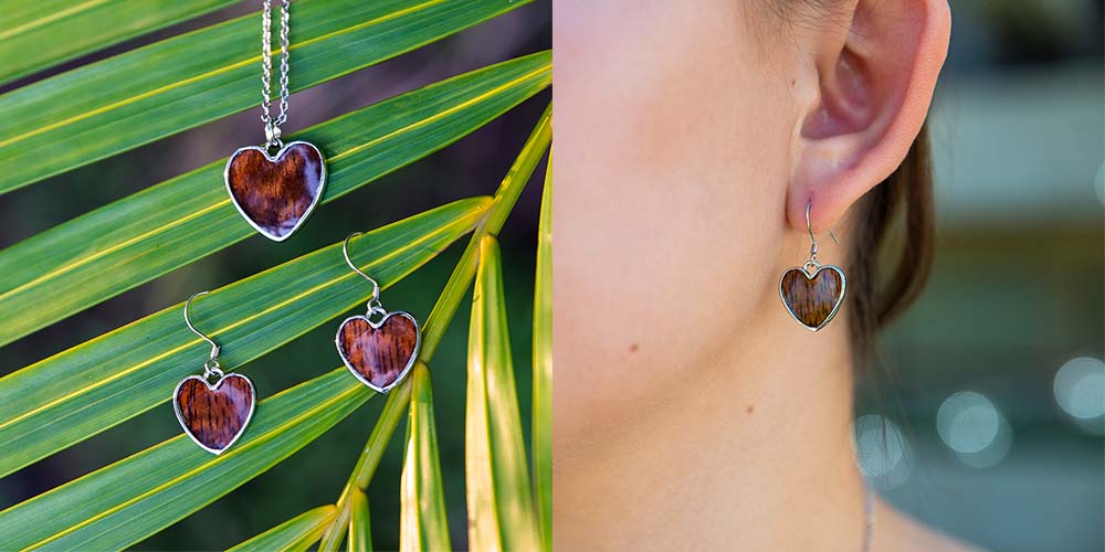 koa wood heart jewelry set of pendant and earrings