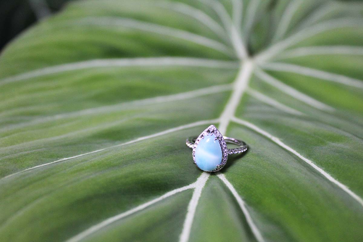 The photos shows a larimar ring standing on a leaf. 