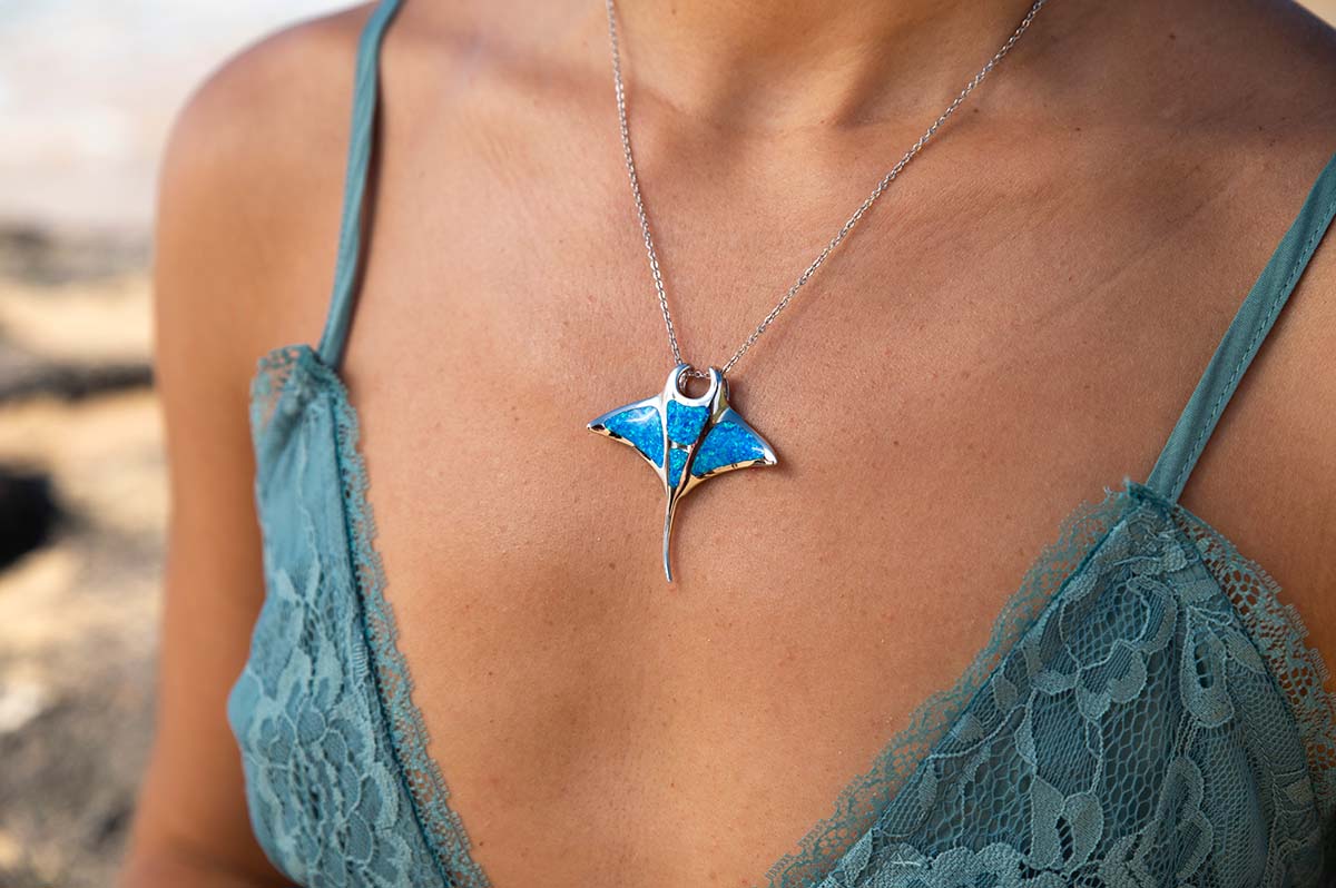 sustainable ocean blue opal featuring manta ray pendant