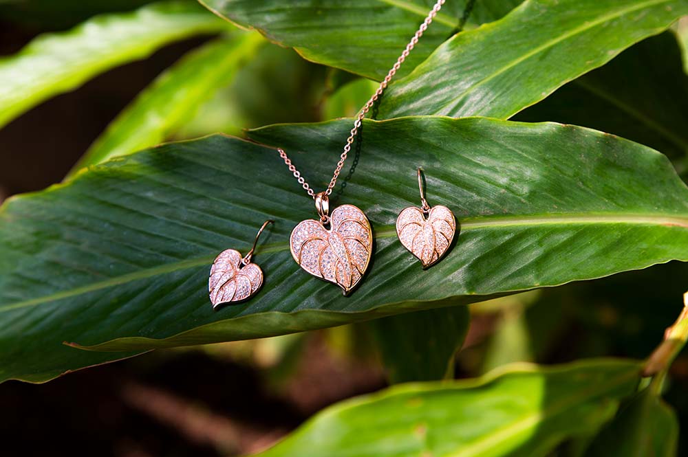 rose gold pavé anthurium jewelry set of earrings and pendant