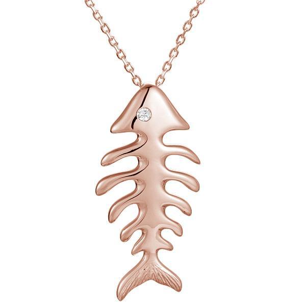 The picture shows a 14K rose gold fish bone pendant with a diamond eye.