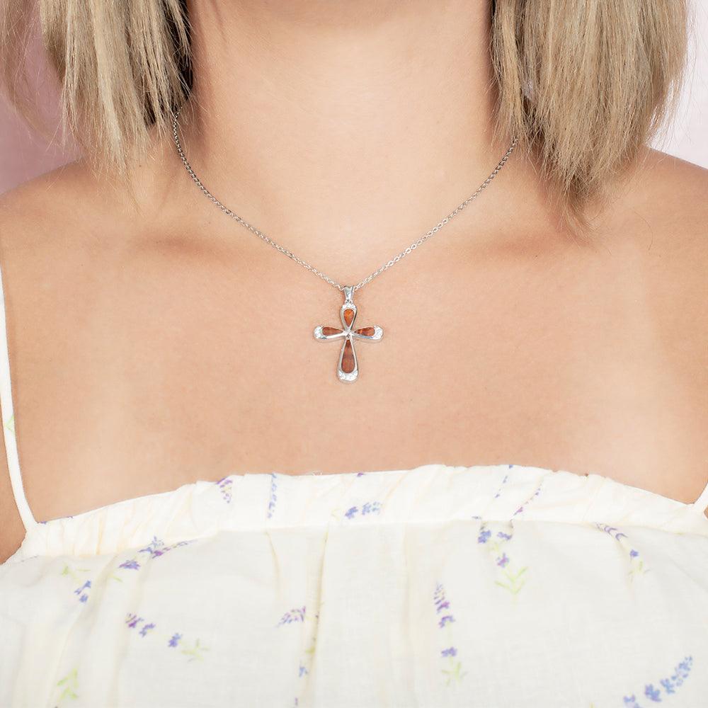 Sterling Silver Koa Wood Traditional Cross Necklace Pendant