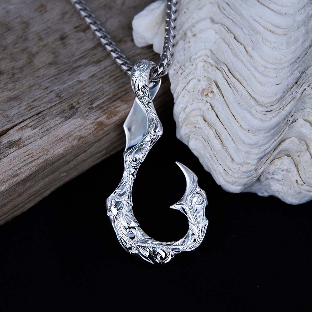 Sterling Silver Traditional Hawaiian Engraved Fishhook Pendant