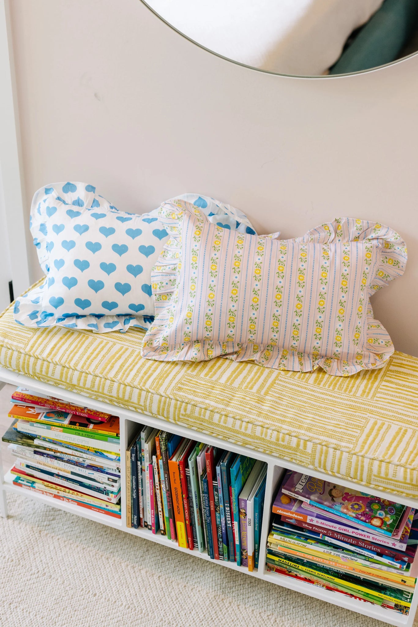 bench with mini ruffle pillows from la paloma