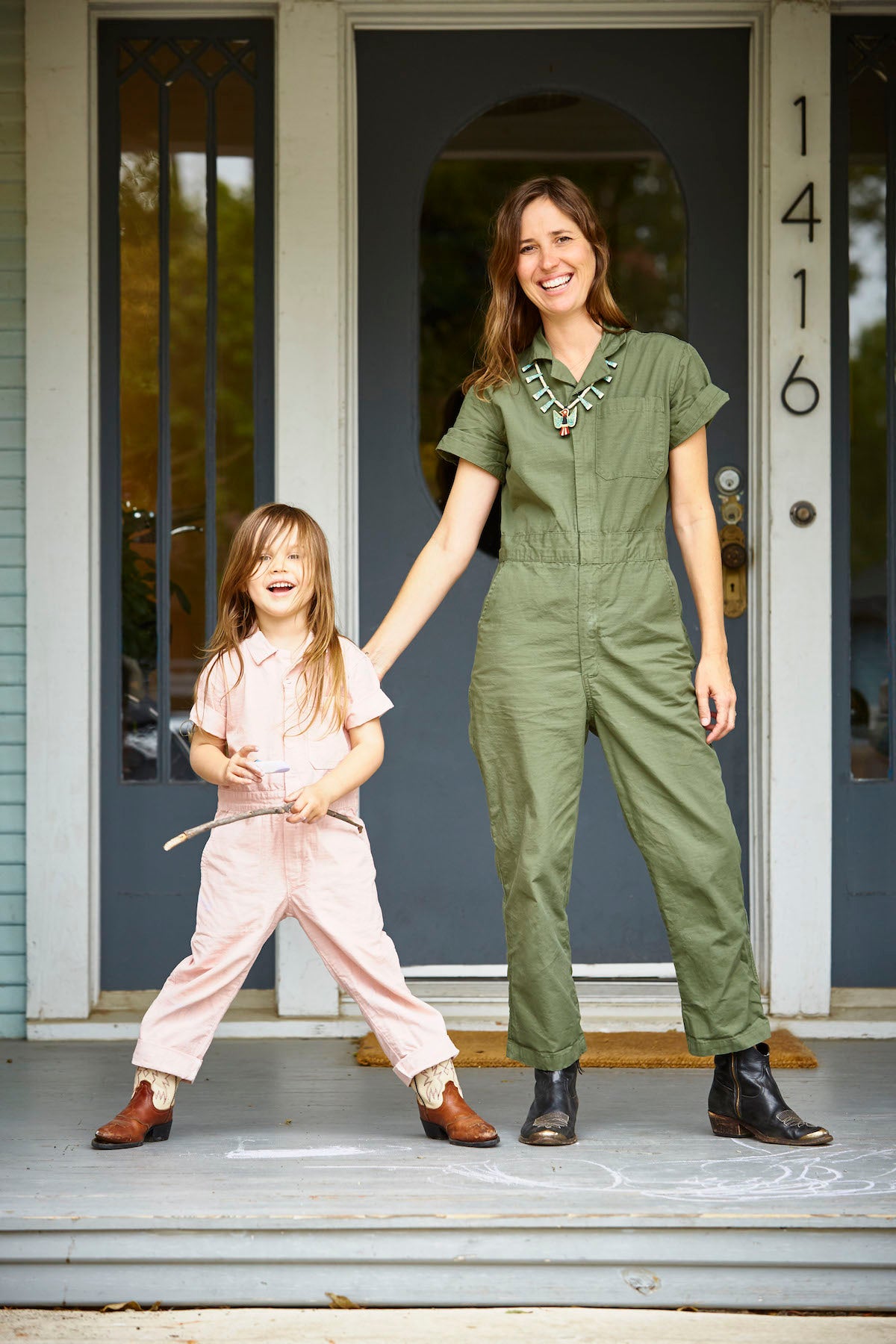 Lauren Block from the Hey Gang in matching canvas jumpsuits for mama and mini