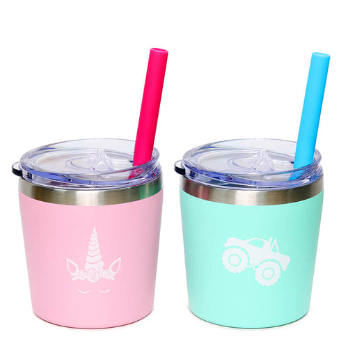 Colorful PoPo Cute Stainless Steel kids cup Straw Cups for Toddlers Mini  Insulated Tumblers with Lids for Smoothie Milk Set of 2 (Teal Mint 8.5 OZ)  Teal Mint 8.5 Fluid Ounces