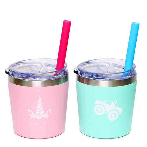 Colorful PoPo Cute Stainless Steel kids cup Straw Cups for Toddlers Mini Insulated  Tumblers with Lids for Smoothie Milk Set of 2 (Teal Mint 8.5 OZ) Teal Mint  8.5 Fluid Ounces