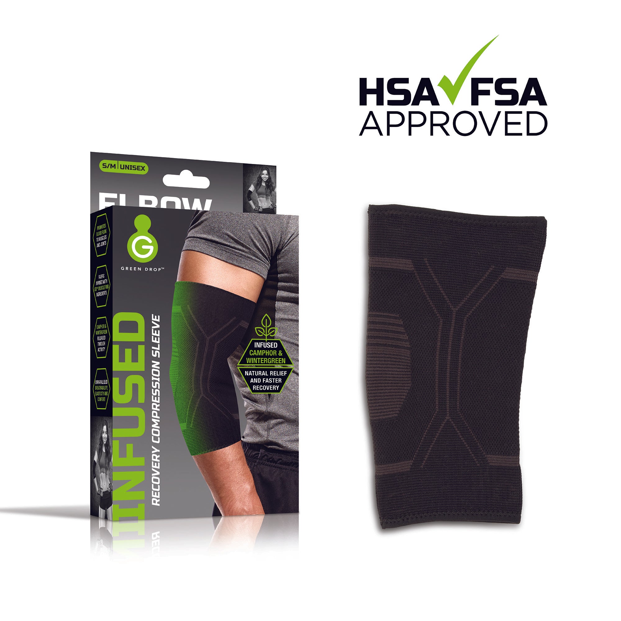 Green Drop™ Infused Compression Sleeve Elbow Support - Single Unit (Small/Medium)