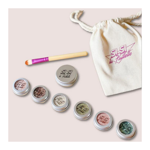 Kit Rose et Balthazar x Si Si La Paillette composed of a brush, a pouch, a shea balm and 6 pots of glitter
