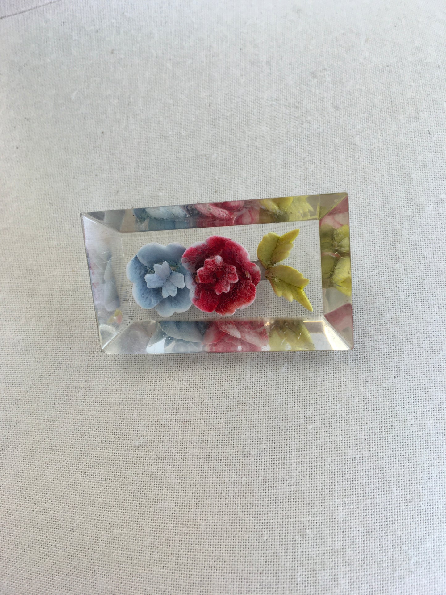 Original 1940’s Floral Reverse Carved Lucite Brooch - In A Red And Pale Blue with Green Leaves
