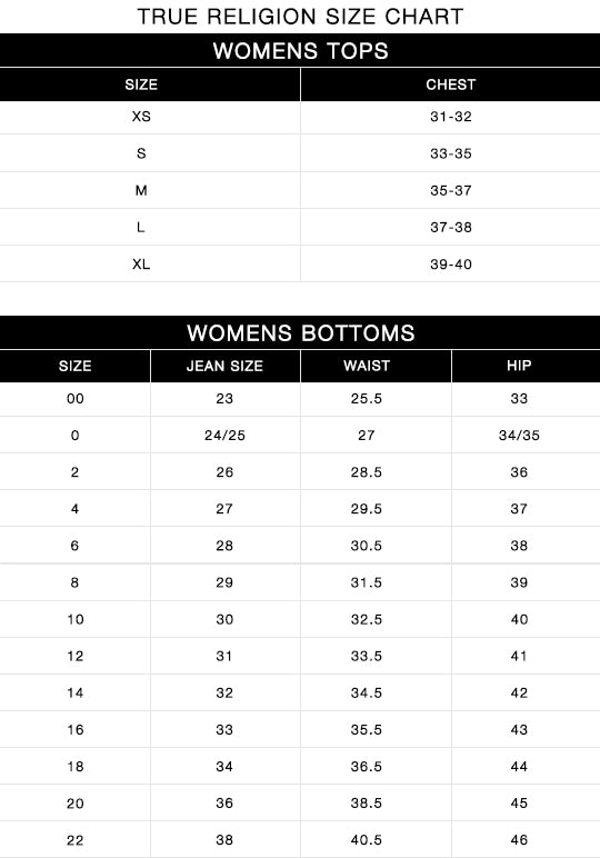 True Religion Jeans Size Chart