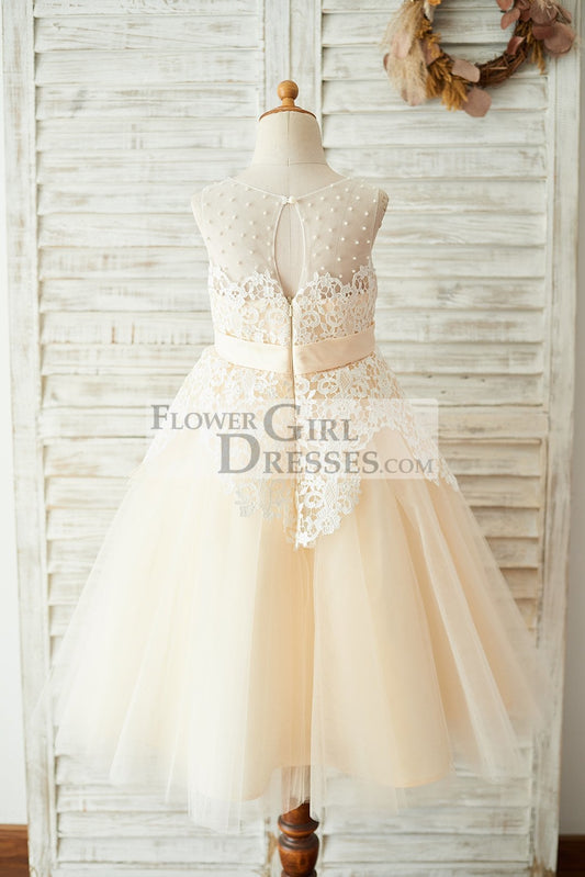 Champagne Satin Ivory Lace Sheer Back Wedding Flower Girl Dress