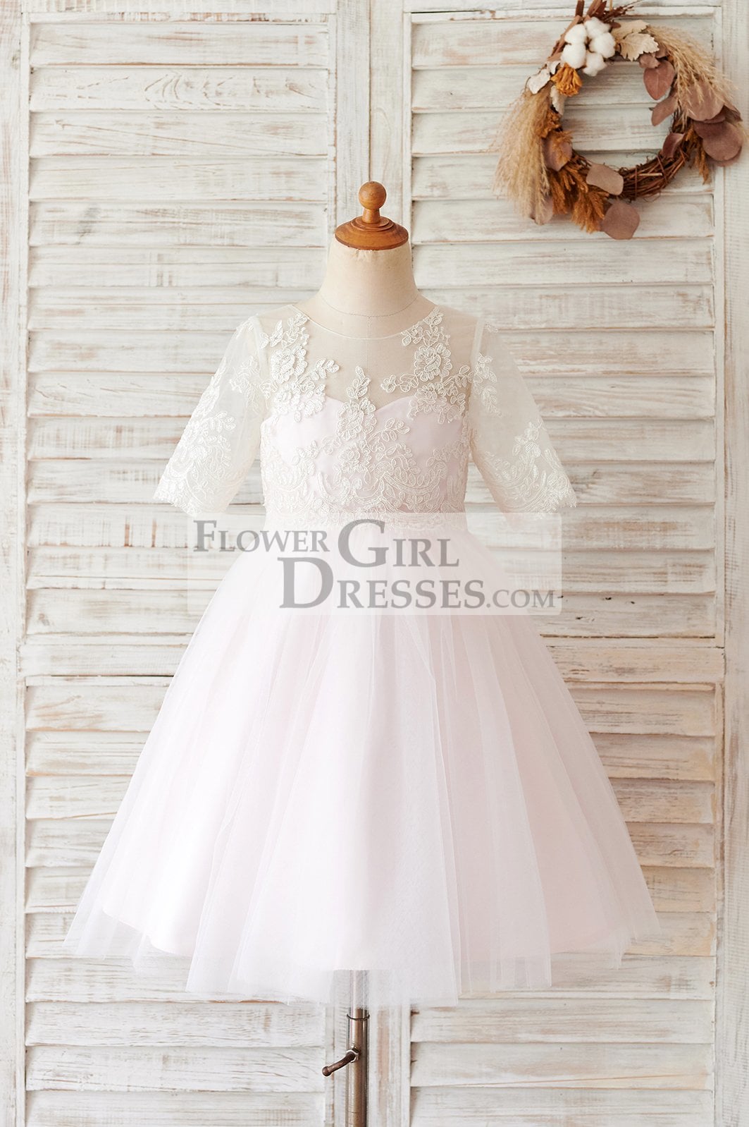 Princess Ivory Lace Pink Tulle Short Sleeves Wedding Flower Girl Dress ...