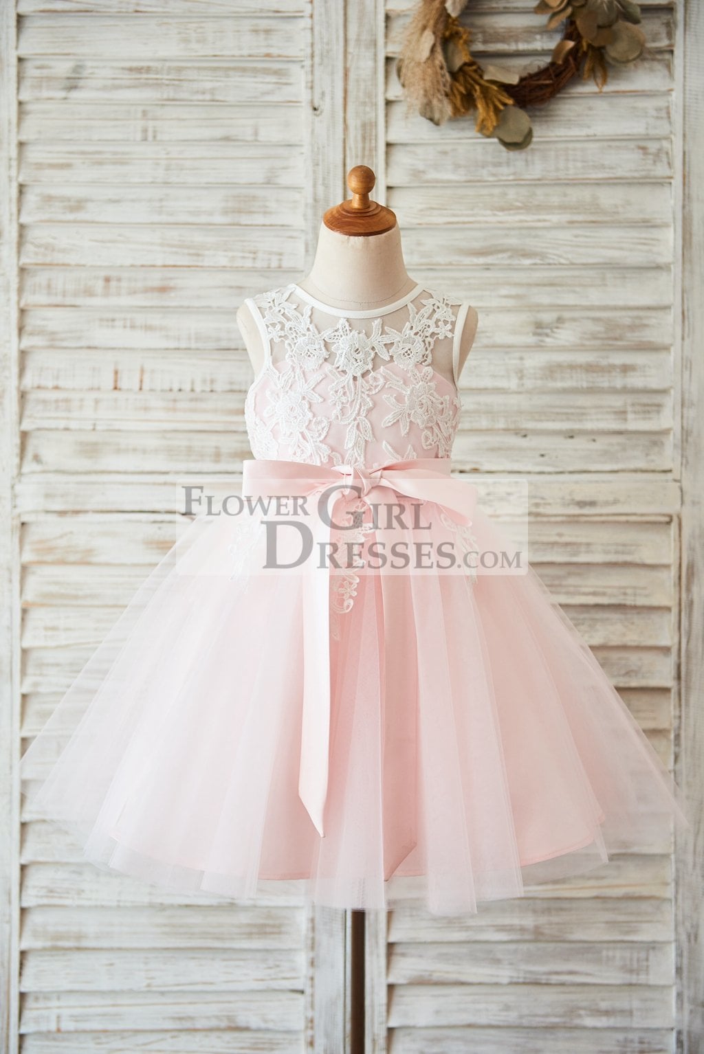 Princess Ivory Lace Pink Tulle V Back Wedding Flower Girl Dress ...