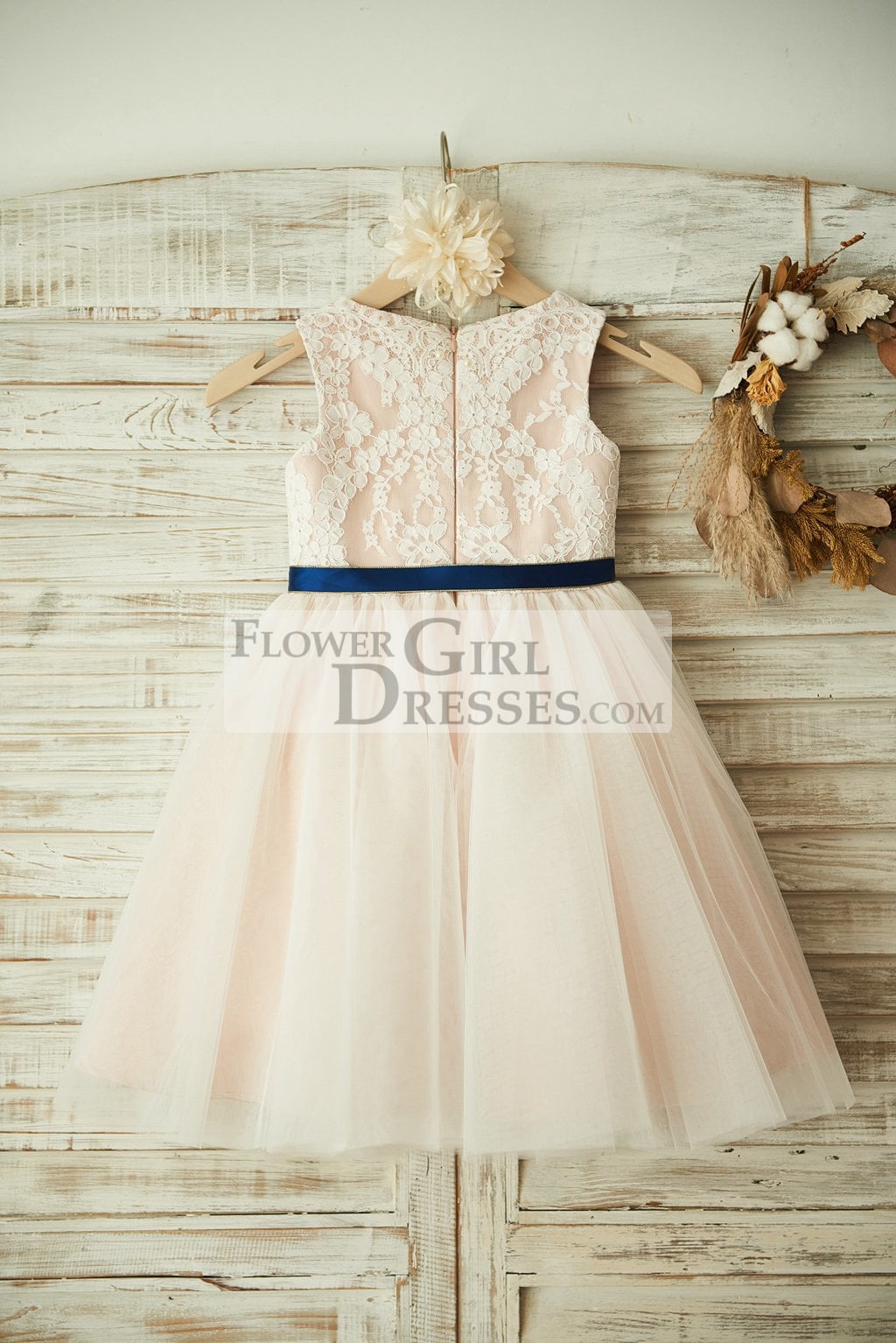 Ivory Lace Tulle Pink Lining Wedding Flower Girl Dress, Navy Blue Sash ...