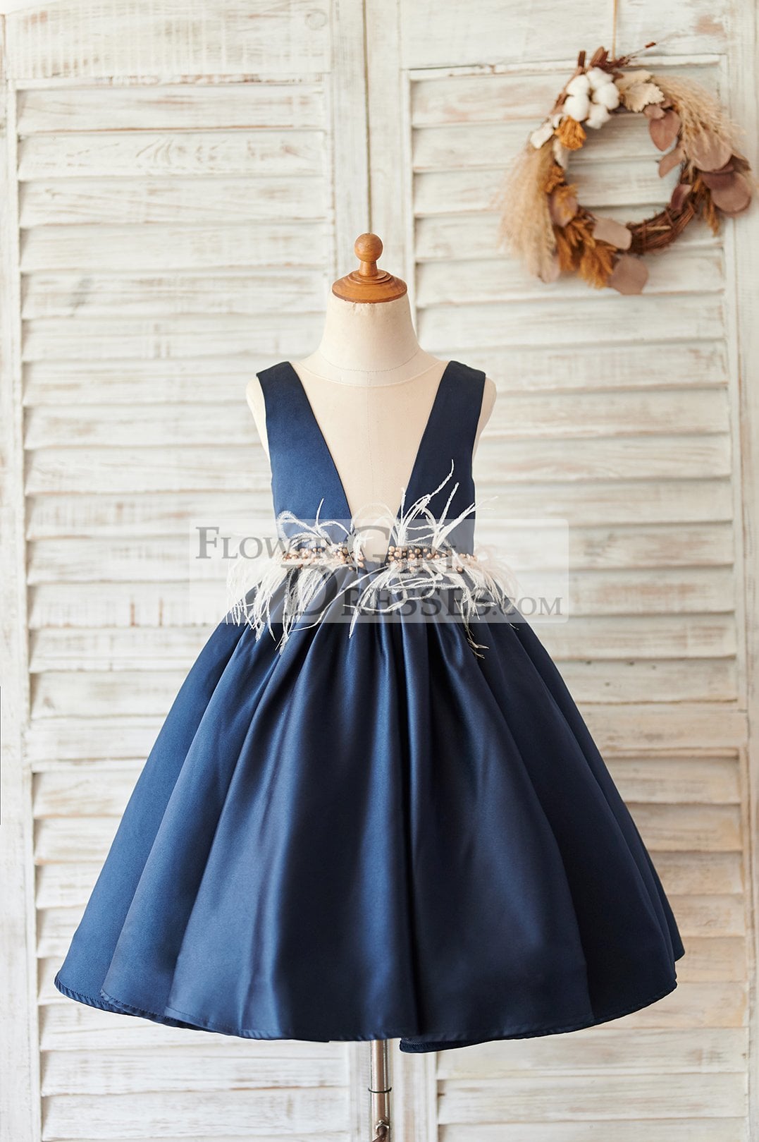 Navy Blue Satin V Neck Wedding Party Flower Girl Dress – Flower Girl ...