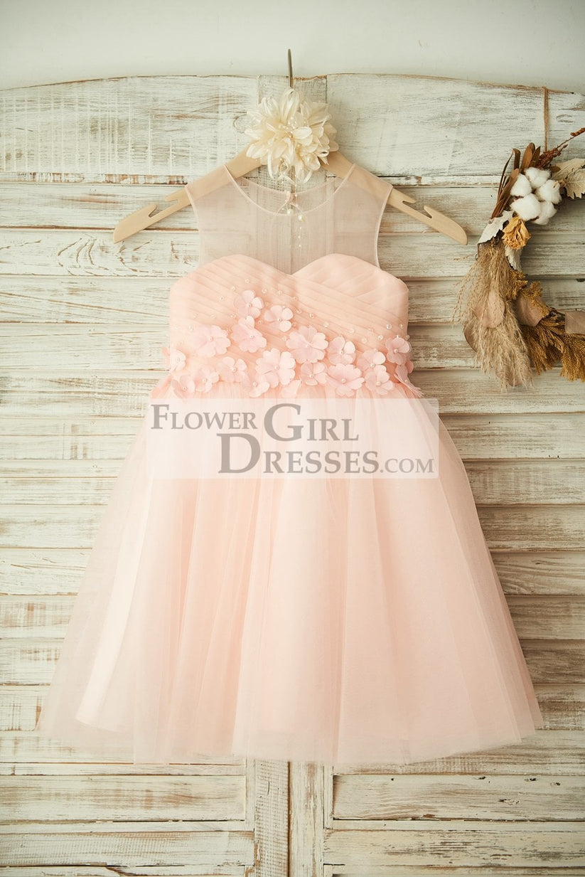 Sheer Neck Pink Tulle Wedding Flower Girl Dress, Beading / 3D Flower ...