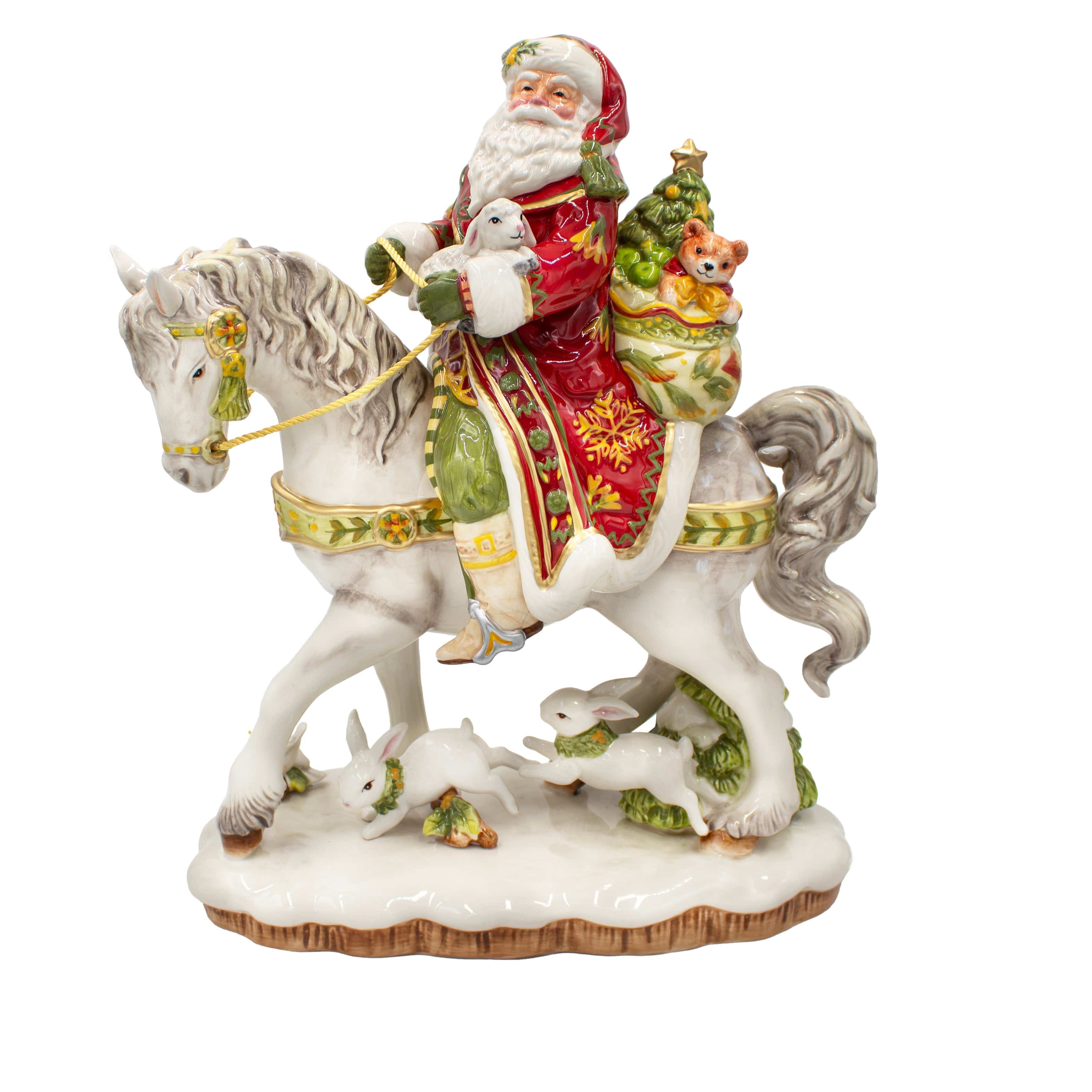 Damask Holiday Santa On Horse Figurine, 16 IN