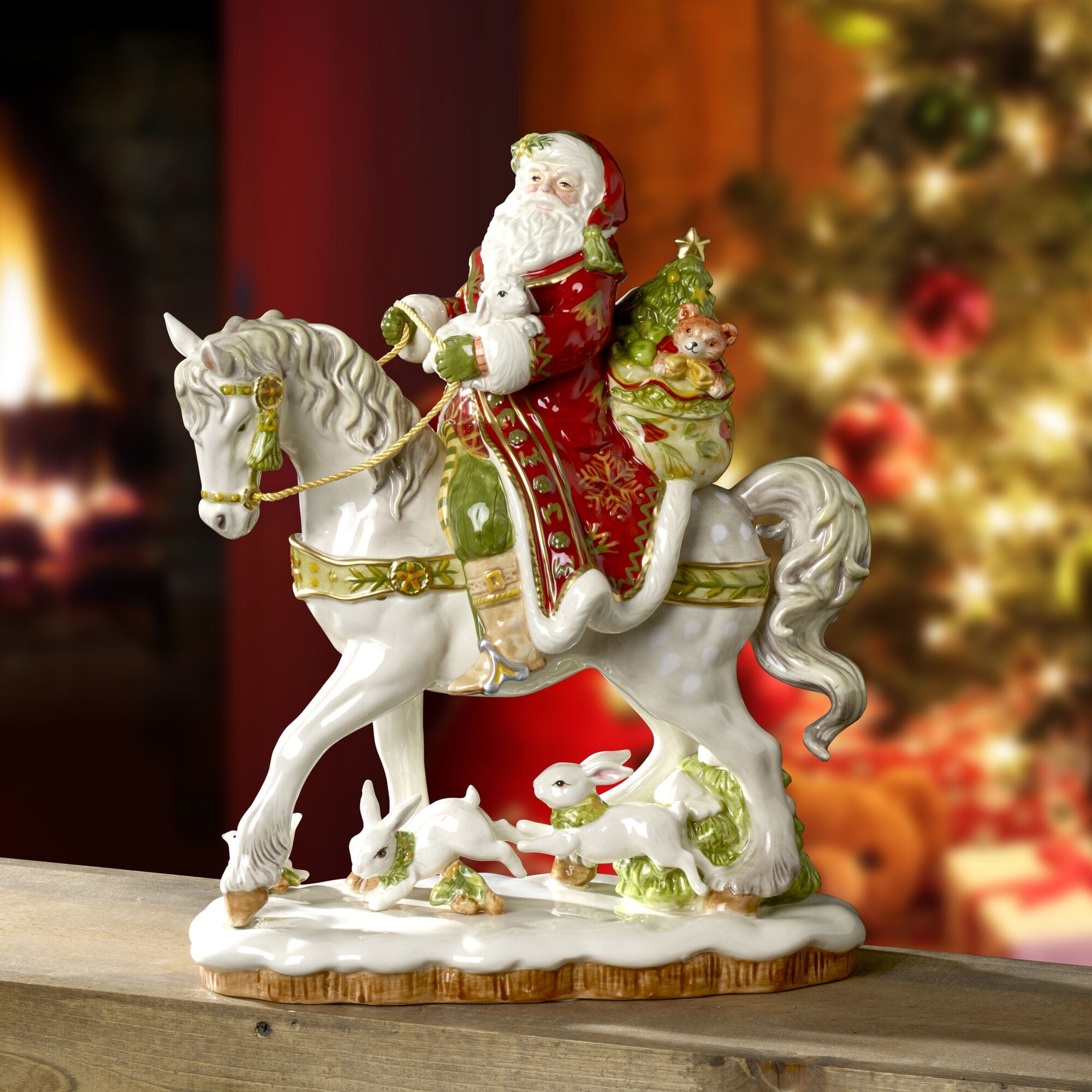 Damask Holiday Santa On Horse Figurine, 16 IN