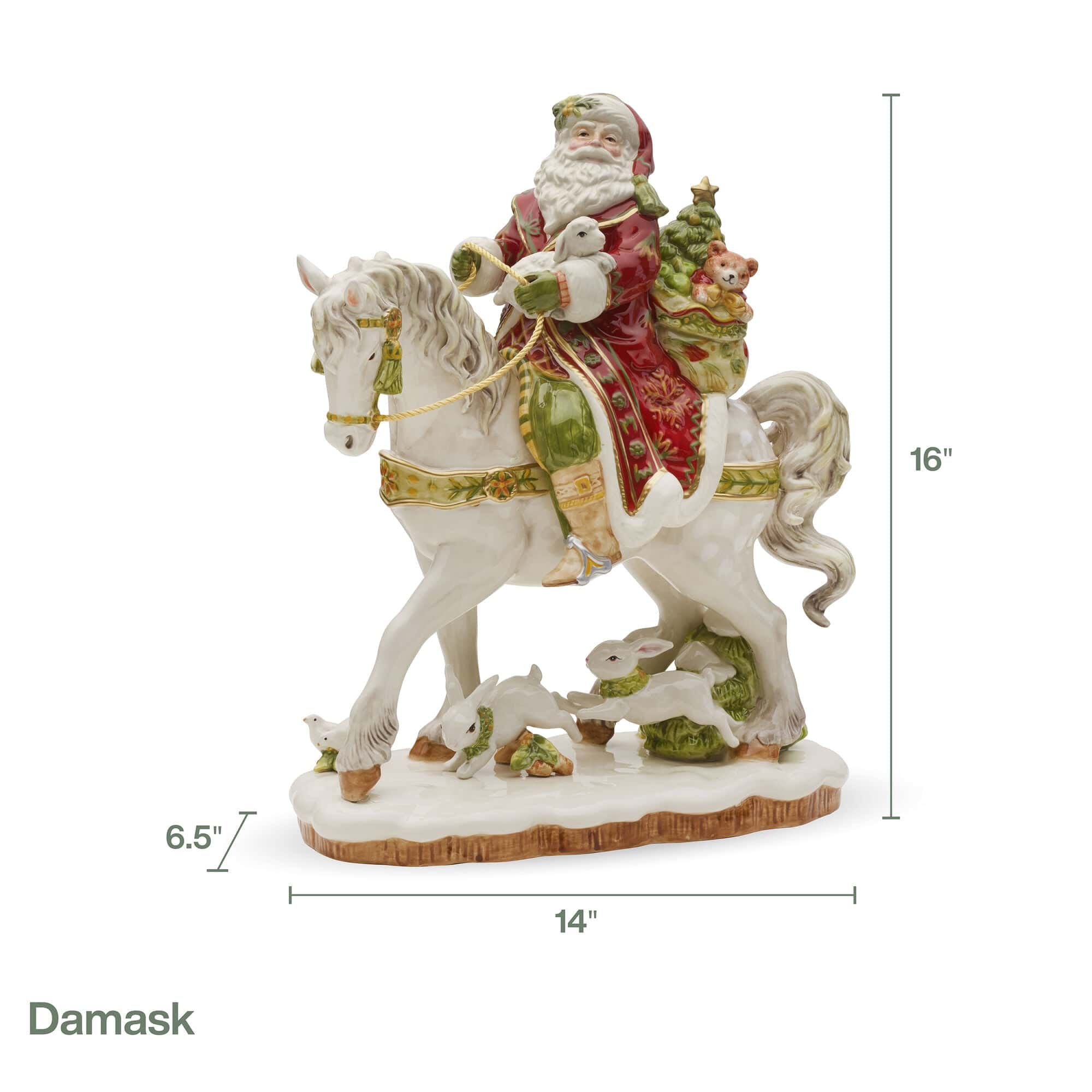 Damask Holiday Santa On Horse Figurine, 16 IN