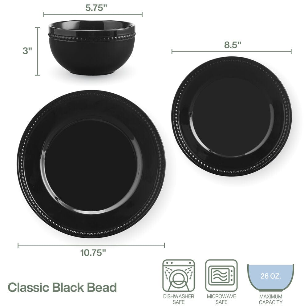 Classic Black Beaded 12 Piece Dinnerware Set, Service For 4