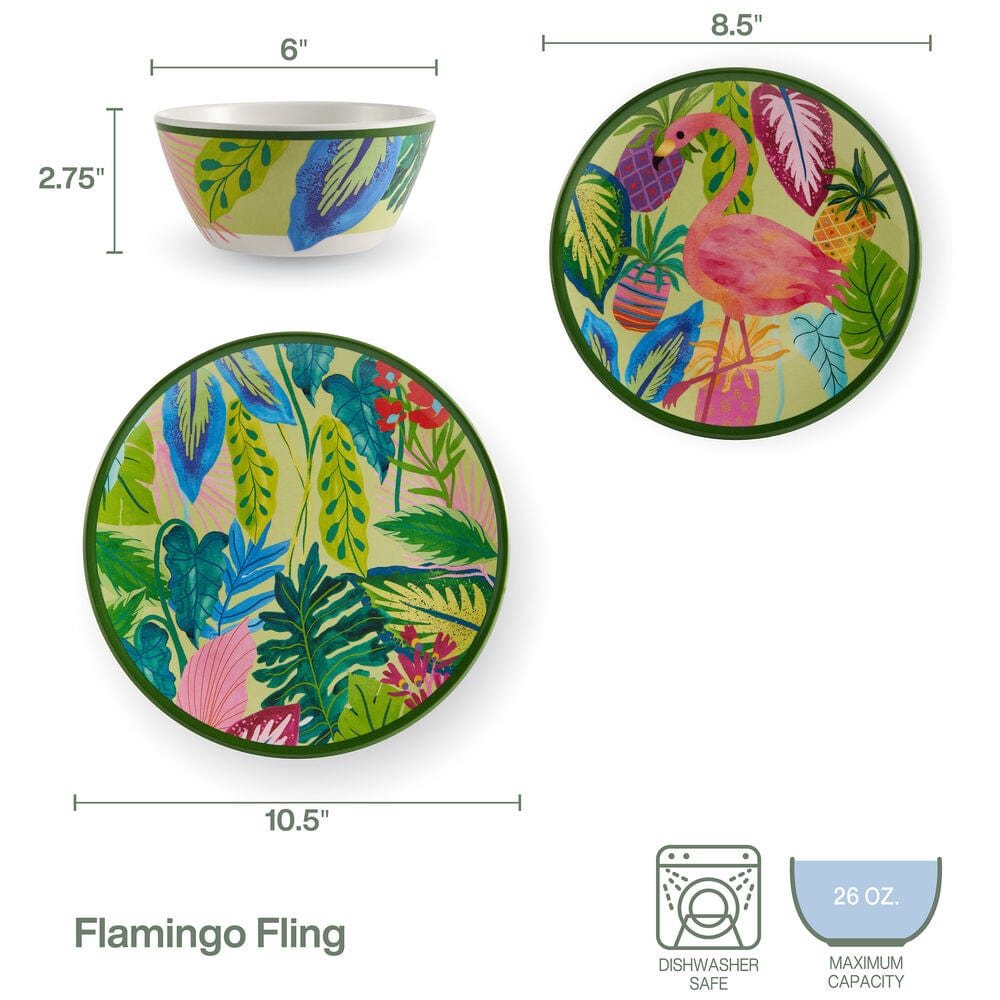 Flamingo Fling Outdoor Melamine 12 Piece Dinnerware Set, Service For 4