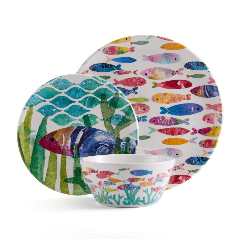 One Fish Two Fish Outdoor Melamine 12 Piece Dinnerware Set, Service For 4