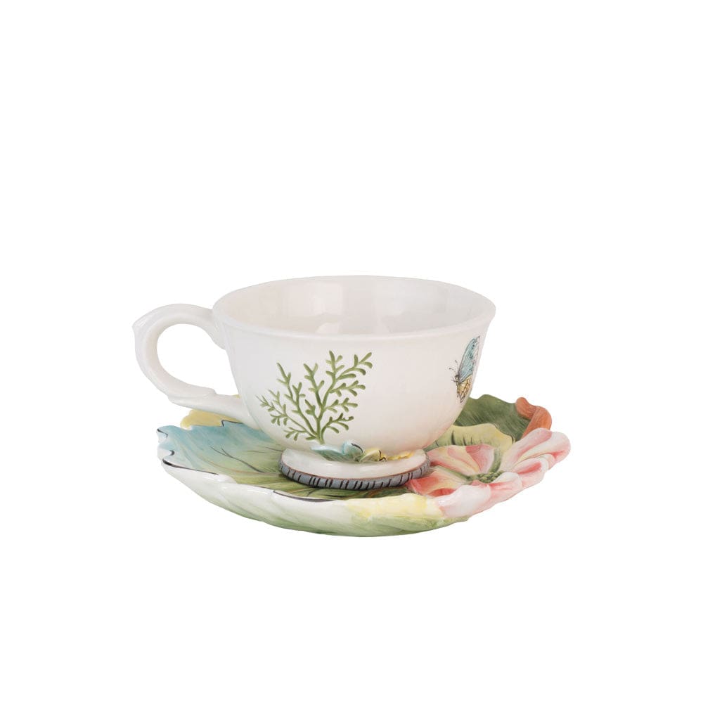 English Garden Set Of 2 Tea Cup And Saucer With Tea Rest