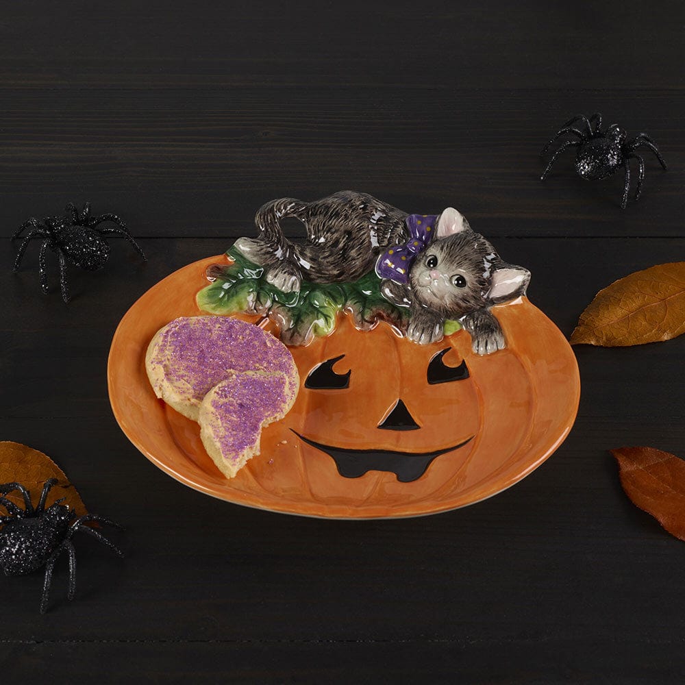 Halloween Kitty And Pumpkin Figural Snack Plate