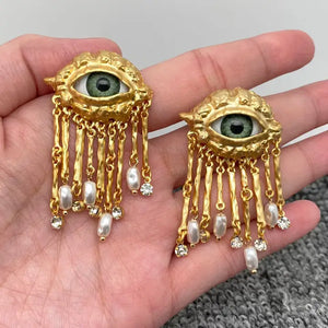 Turkey Evil Eye Pearl and Tassel Statement Earrings - Pink House Boutique