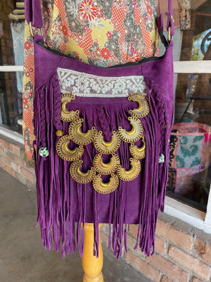 Orchid Suede Triangle Fringe and Gold Embellishment Purse - Pink House Boutique