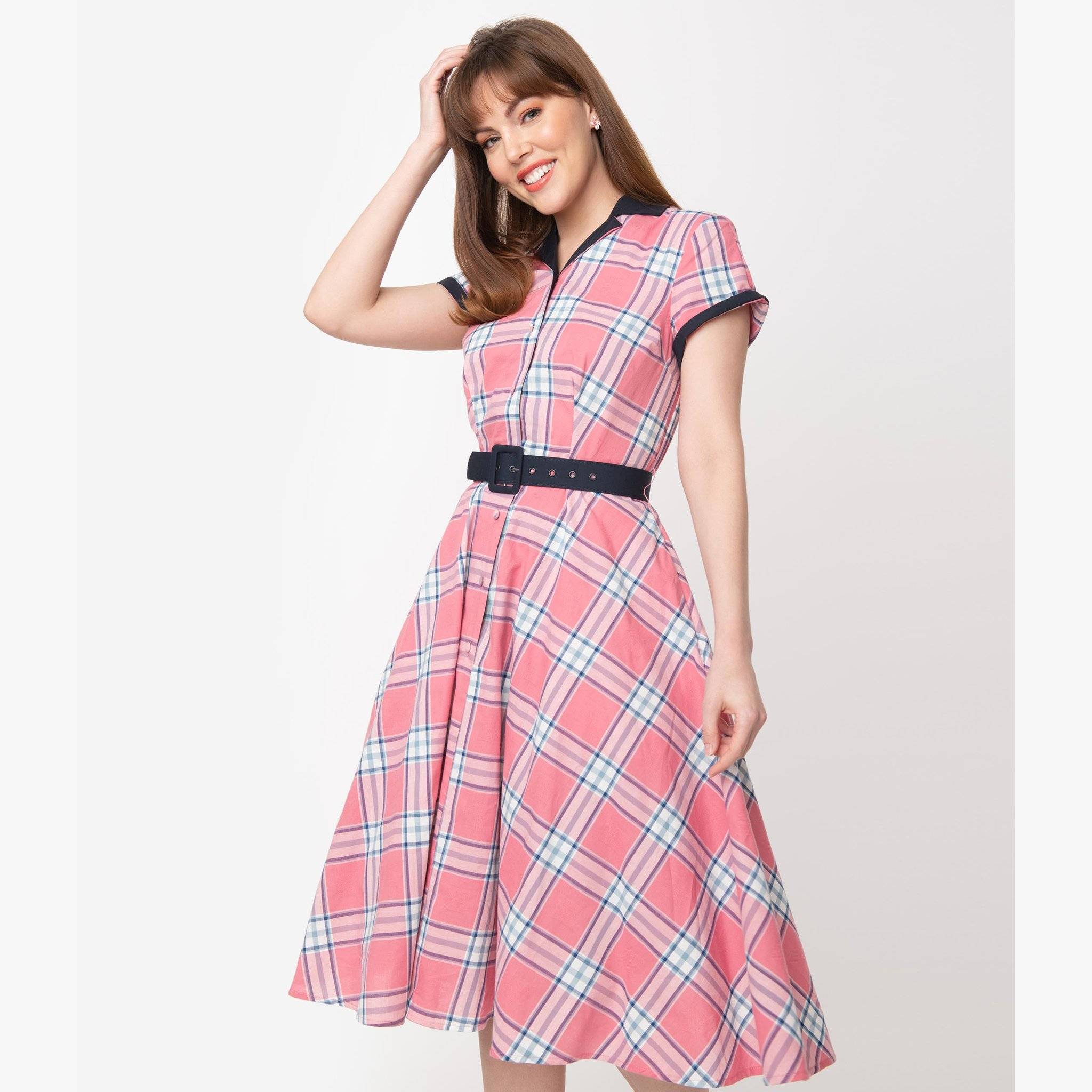 pink and white plaid dress