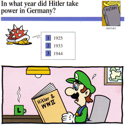 "In what year did Hitler take power in Germany?" Luigi reading a history book. 