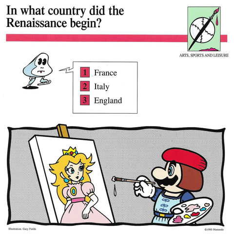 Mario Quiz Card showing Mario painting Princess Peach on a Canvas. 