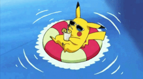 Pikachu sipping a drink in a pool on a floatie (From The Pokemon Puzzle League Opening)