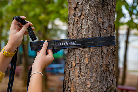 A woman puts her ENO straps around a tree. 