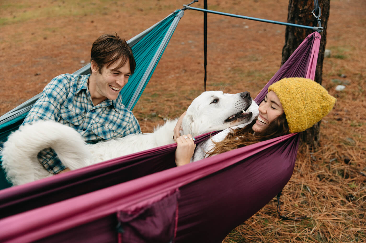 Two people hammock side by side using the ENO Fuse Tandem Hammock System between two trees. A dog licks the woman's face while she hammocks.