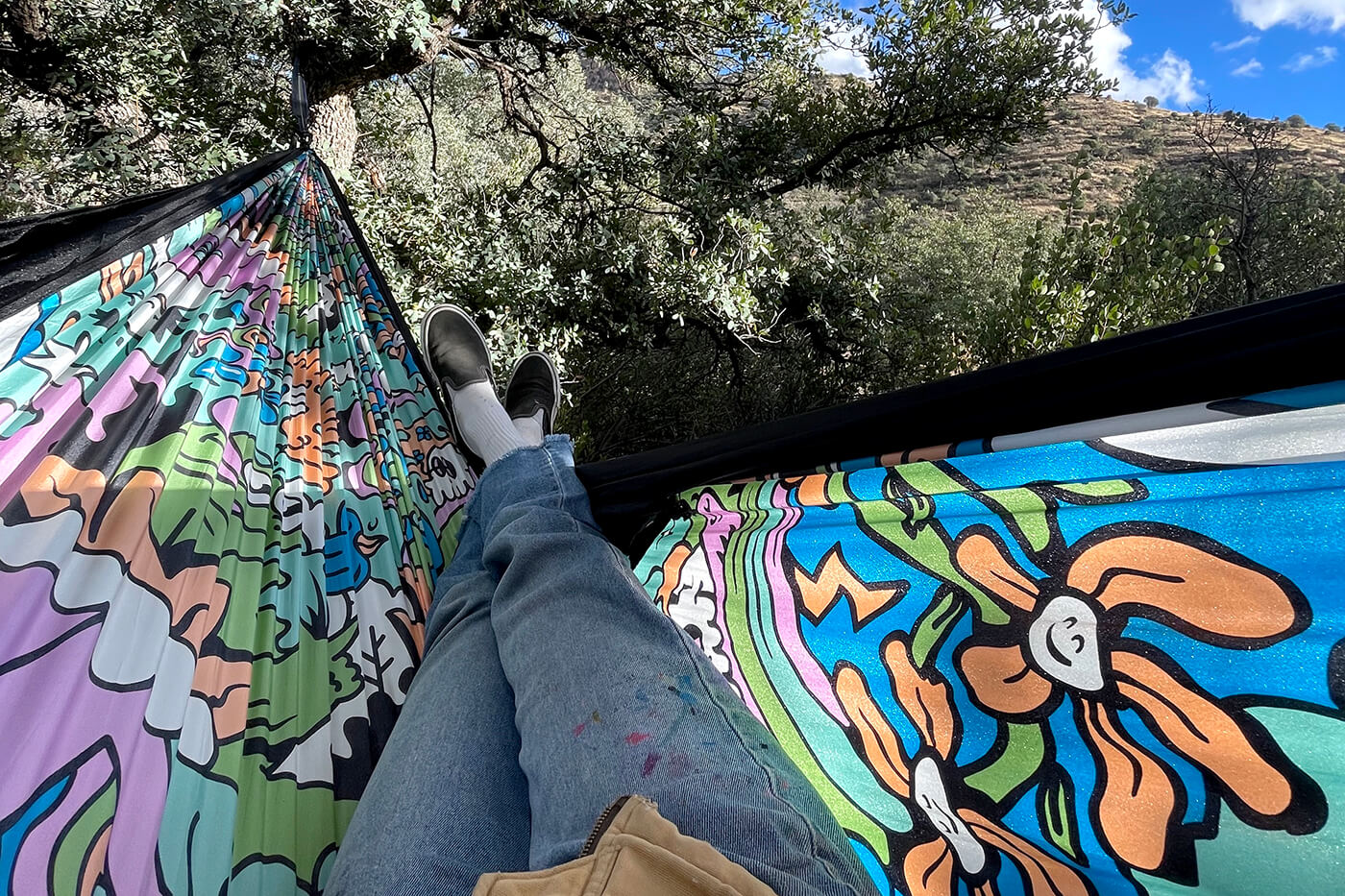 A first person-perspective sitting in the Nature Talk hammock. 