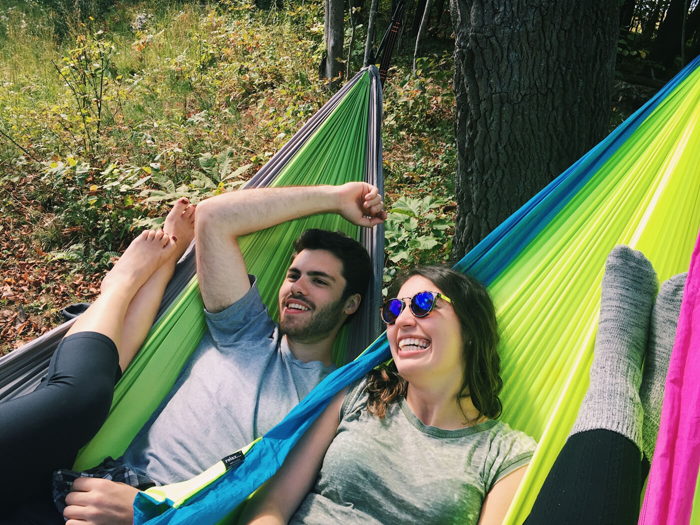 A group of friends hammock together in ENO Hammocks