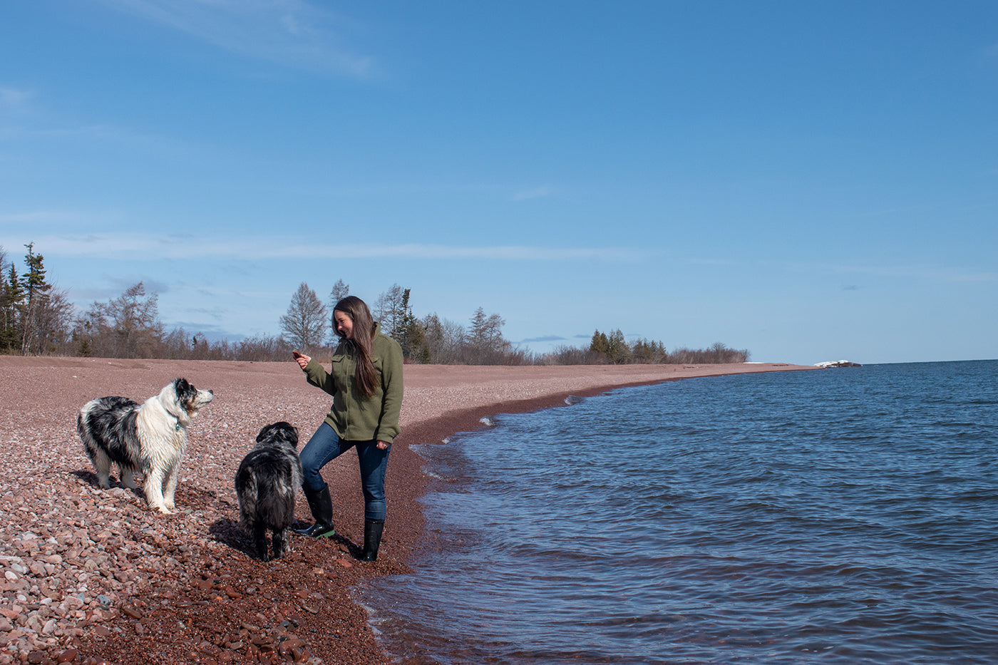 A woman and her two dogs stand near the shore of a lake.