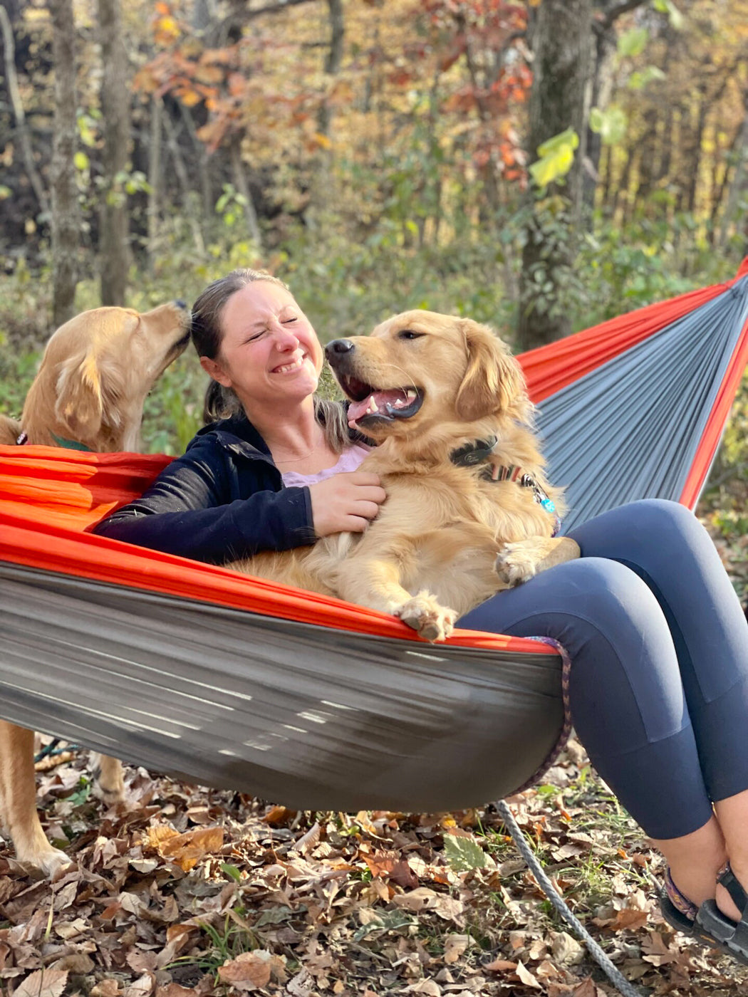 A woman sits in a hammock surrounded by her two golden retrievers. 