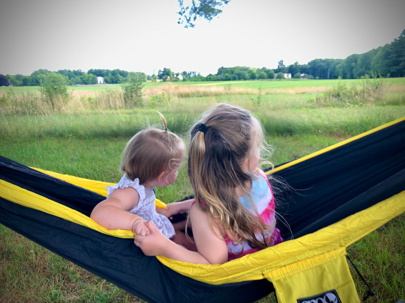 Two young girls sit in a hammock together and look out at a field.