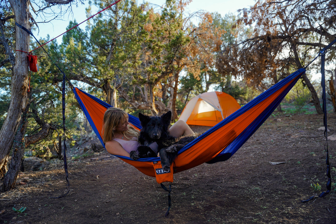 A woman and her dog sit in their hammock together with a tent in the background. 