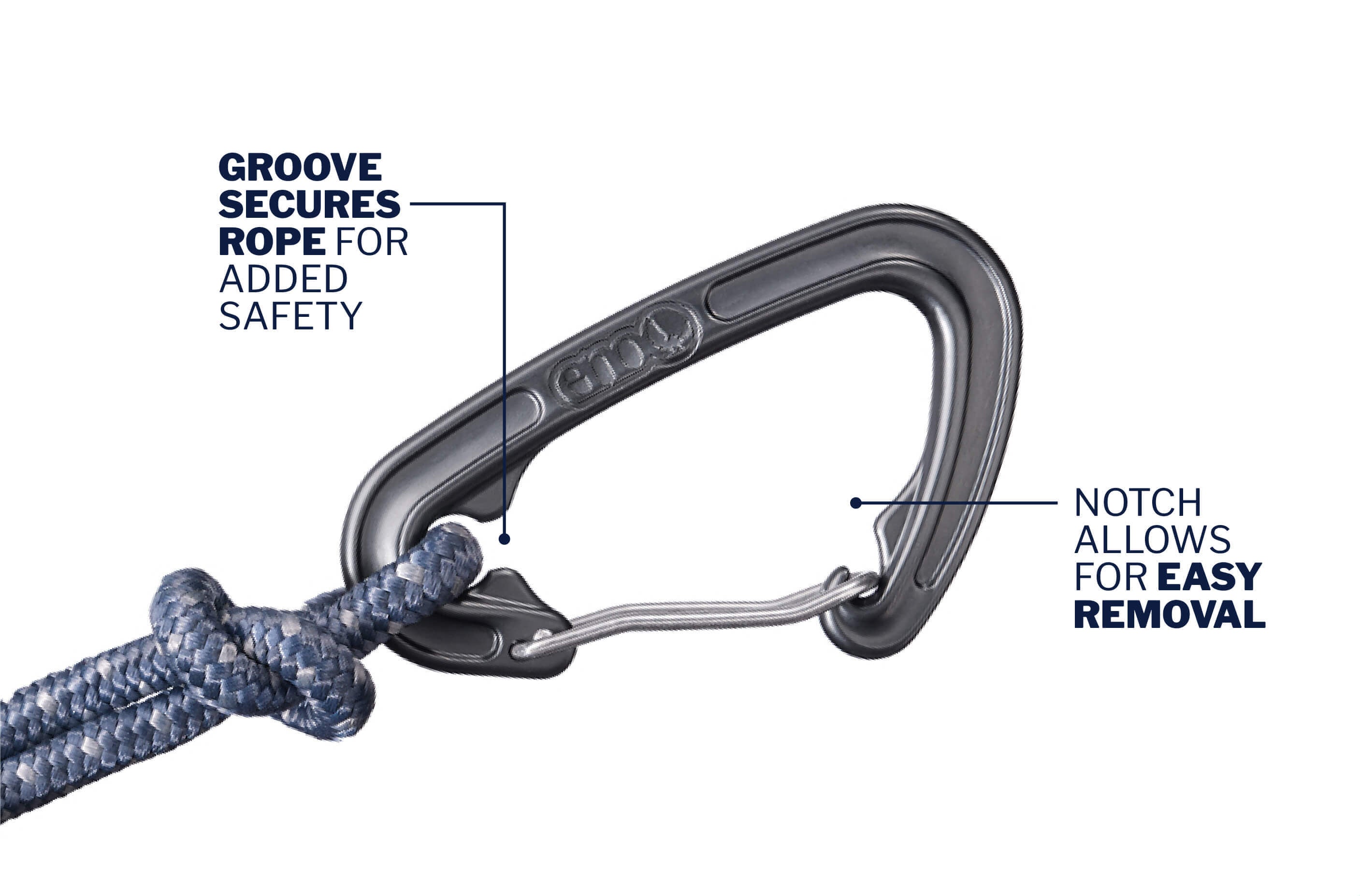 hammock carabiner with text callouts that point out the notch and groove design