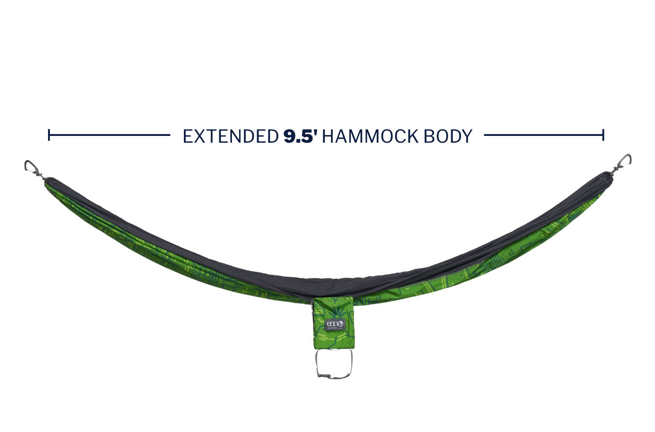 sideway view of DoubleNest hammock with 9.5' hammock body text callout