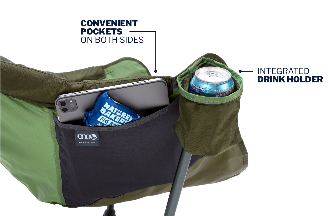 Image and copy depicting integrated drink holder and convenient pockets 