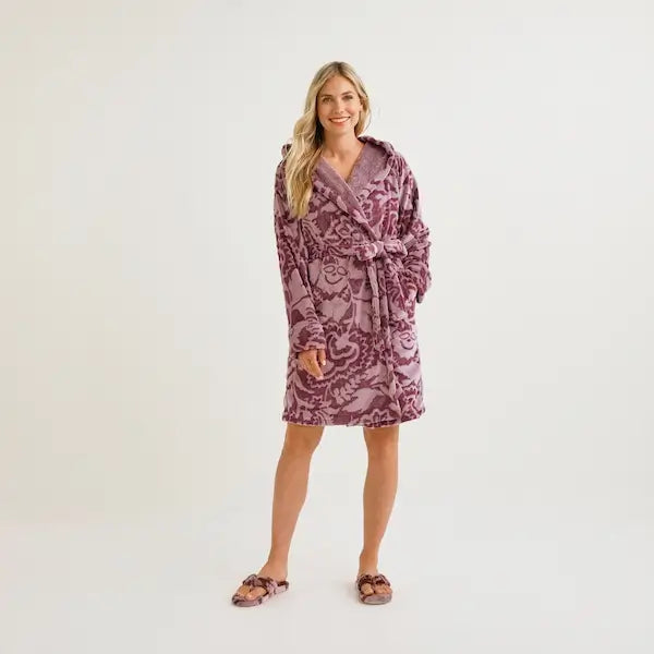 woman wearing fleece robe in purple Vera Bradley pattern