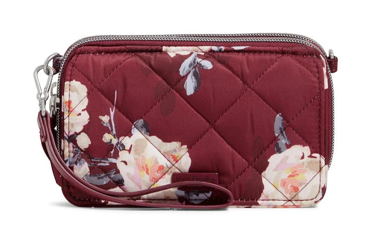 Small maroon crossbody bag with pink flowers