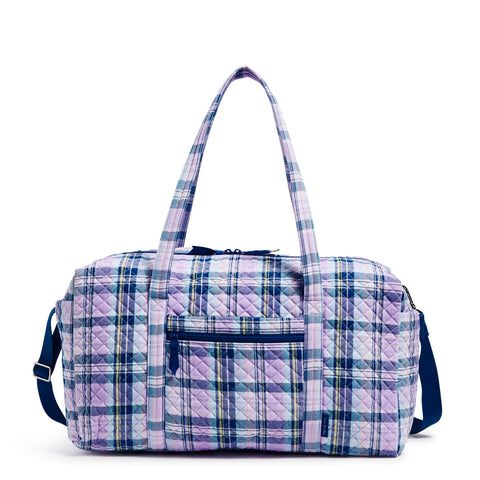 Large cotton duffel bag with shoulder strap in pastel plaid print